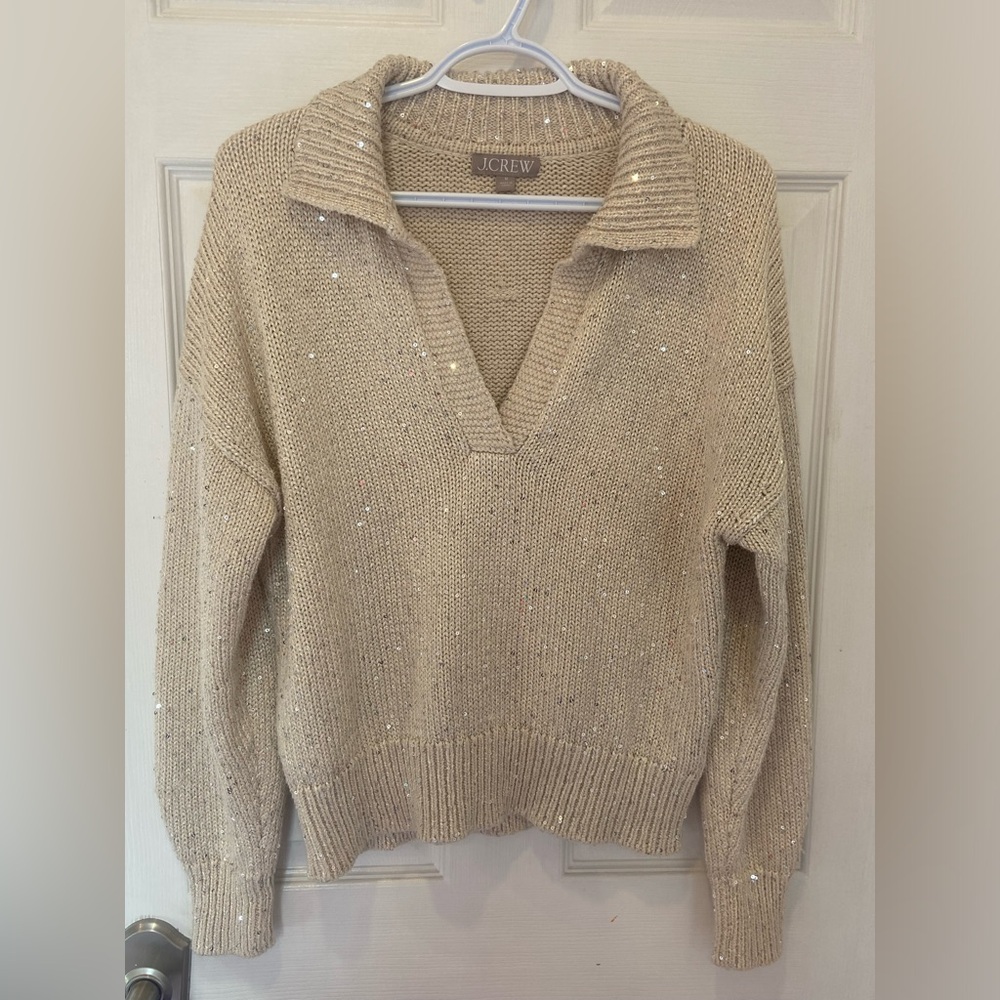 Beautiful J. Crew Cream Collared Sequin Sweater Women’s Size Medium